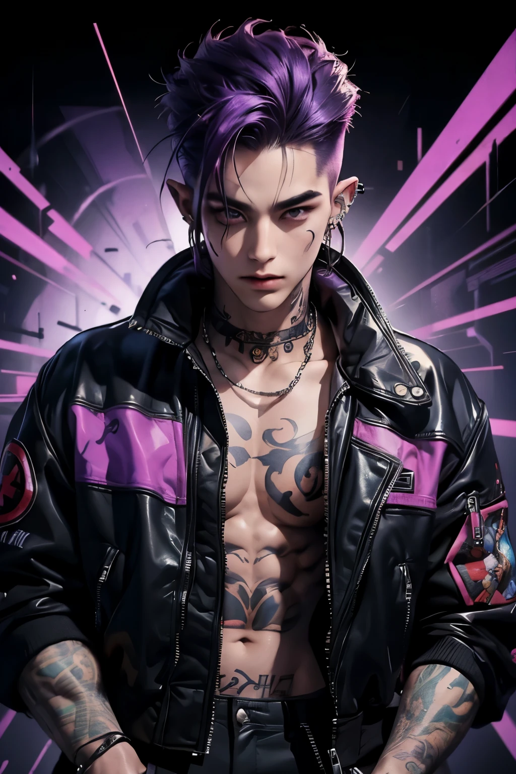 ((Best quality)), ((masterpiece)), 8k (detailed), ((perfect face)), ((halfbody)) perfect proporcions, He is a handsome demon, he is 18 years old, he has messy purple hair, he has pointy ears, he has piercings and tattoos, he wears a bomber jacket ((perfect face))