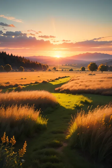 sunrise，horizontal line，grassland