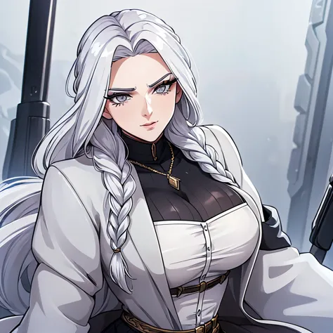 ((middle aged woman)) ((long white hair, braided)), ((strong woman)), ((white lashes)) ((grey eyes)) ((with clothes)) ((one pers...