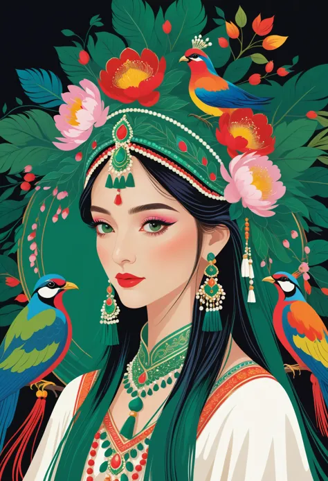 flat，vector，Meticulous，Simple lines，beautiful girl，portrait，green long hair，Indian style，Phoenix crown，Tassel headdress，Crown of...