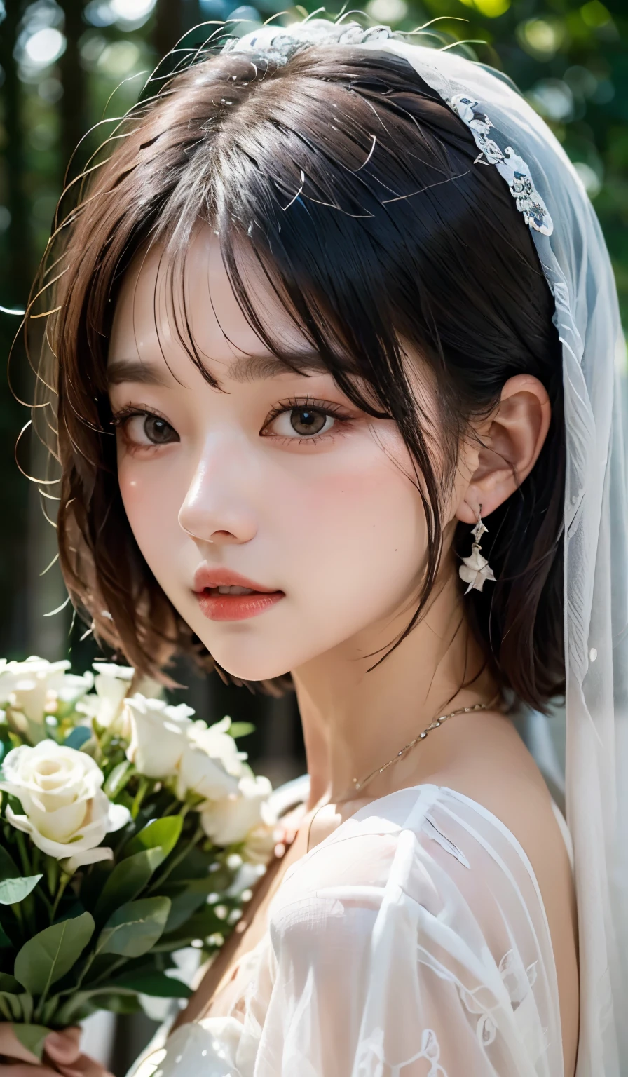 ((highest quality))、((masterpiece))、Arafed asian woman with necklace, Photos taken by others in 8k, with short hair, Ulzzang, 🤤 girl portrait, Cute girl - well-groomed face, cute realistic portrait, young adorable korean face, Realistic anime 3d style, Portrait rendering in 8k, korean girl, 8k)), cute natural anime face, soft portrait shot 8k、well-groomed bangs、earrings、happy、Wedding dress、wedding style、bride、bouquet、((veil))、The background is a forest、