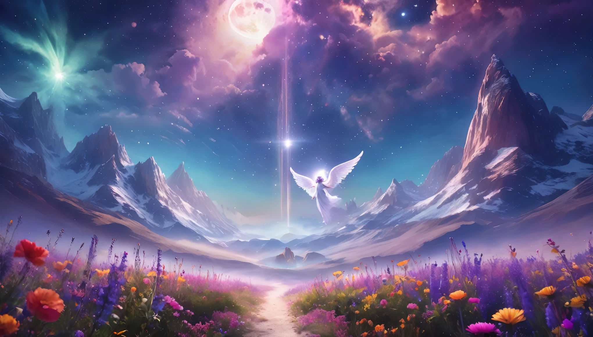 vast landscape photography, (View from below and views of the sky and desert), (((An angel standing in a flower field looking up))), (full moon: 1.2), (shooting star: 0.9), (nebula: 1.3), distant mountain, tree break production art, (warm light source: 1.2), (Pirilightso: 1.2), lights, purple and orange, intricate details, volume lighting, Realism BREAK (master part: 1.2) (better quality), 4k, super detailed, (moving composition: 1.4), Highly detailed and colorful details, (rainbow heart: 1.2), (bright lighting, atmosphere lighting), dreamer, Magic, (alone: 1.2)