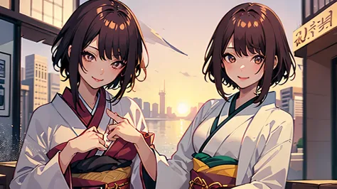 1 girl, alone, kimono, short hair, arms, sword, brown eyes, looking at the viewer, kimono, brown hair, lips, put your hand on yo...