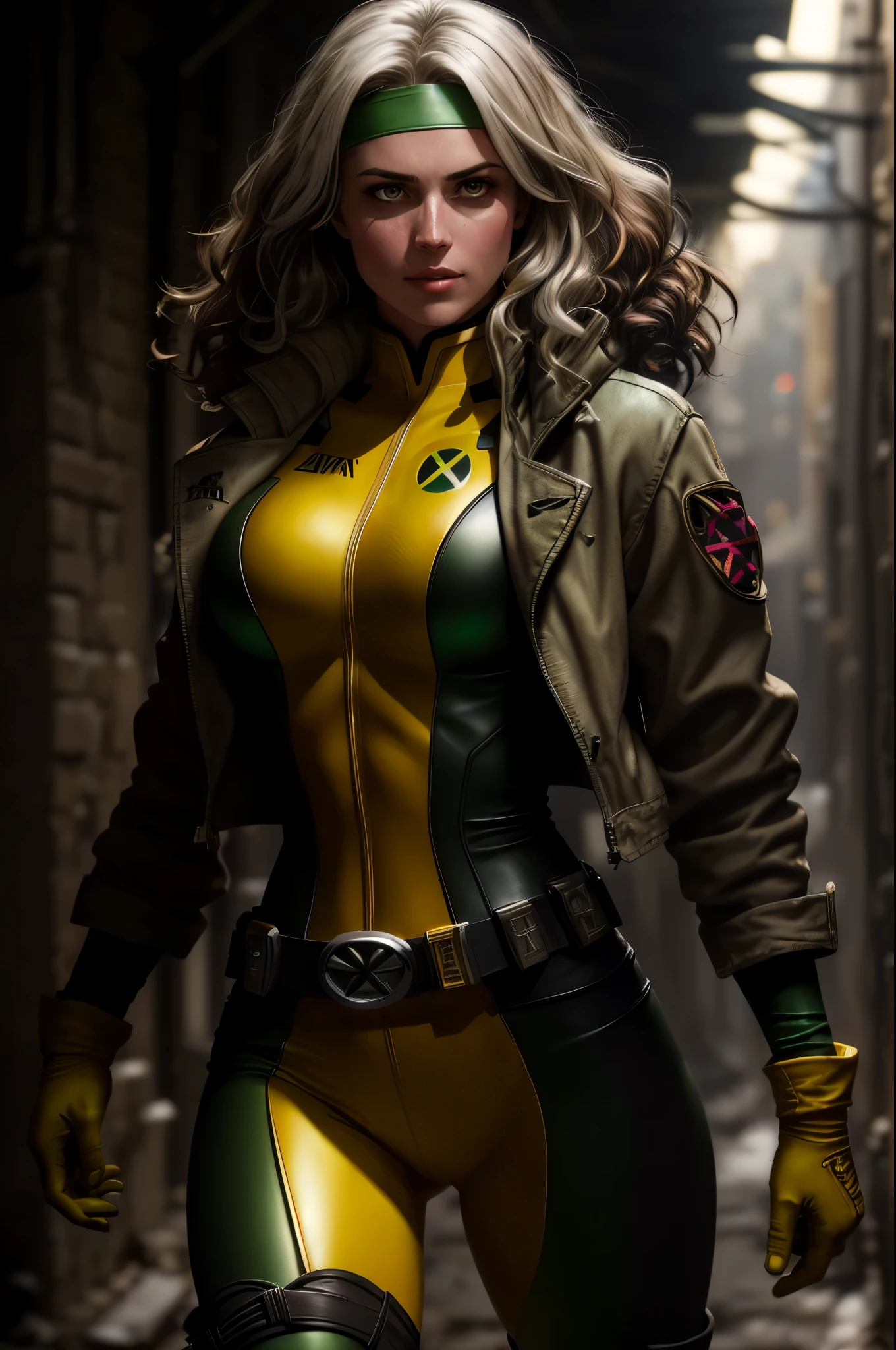 (tiro oscuro: 1.1), épico realista, Pícaro de X-Men, 1 chica, Solo 1, Hermoso, serious, ojos verdes, pelo castaño ondulado, (una mecha de pelo blanco), Diadema verde, Traje verde y amarillo, chaqueta, cinturón, guantes amarillos, open chaqueta, botas amarillas, fondo de callejón oscuro, arte de greg rutkowski y artgerm, soft cinematográfico light, Adobe Lightroom, cuarto oscuro, hdr, Intrincado, muy detallado, (profundidad de campo: 1.4), desteñido, (colores neutros: 1.2), (hdr: 1.4), (colores apagados: 1.2), hiper-detalle (estación de arte: 1.4), cinematográfico, luz calida, luz dramática (detalles complejos: 1.1)