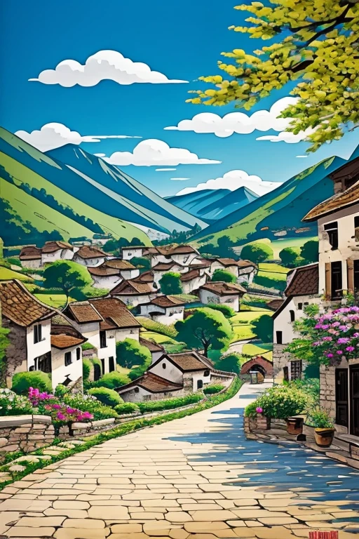 beau village, style peinture Wu Guanzhong