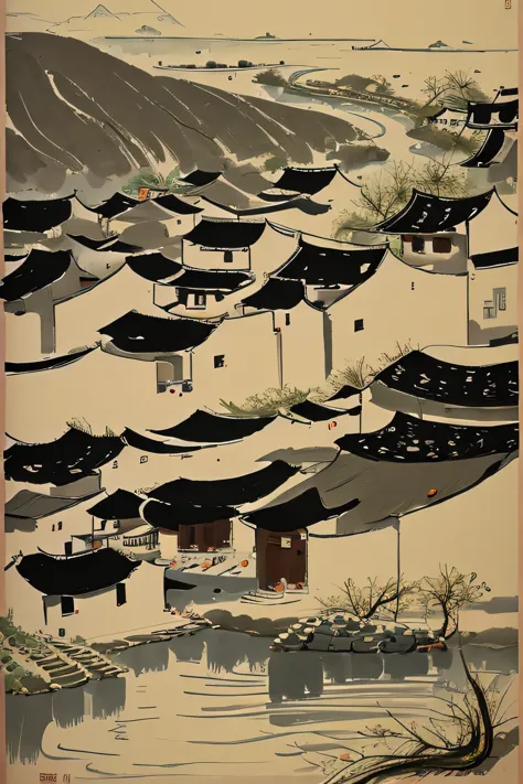 wu guanzhong style works，painting of a view of a lake with a village in the distance, by wu guanzhong, inspired by wu guanzhong,...