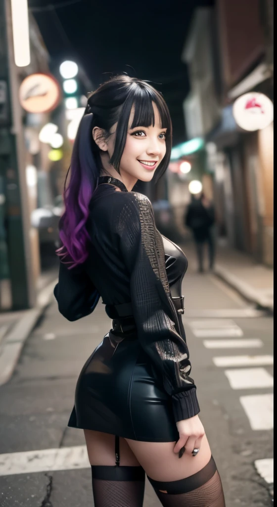 look at the camera,(((highest quality, 8K, masterpiece))), sharp focus, (beautiful woman with perfect figure), thin, (hairstyle: upper)), ((back alley at night)), street: 1.2 Highly detailed face and skin texture Detailed eyes double eyelid random pose, (smile), realistic face, double eyelid,smile, cyberpunk city , at sunset , beautiful teeth , thigh strap, wear a leather jacket、off shoulder sweater、Gray vertically ribbed sweater dress、Fishnet tights、garter belt、night scenery、