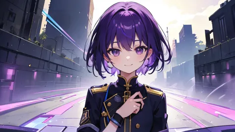 (T Masterpiece，4k wallpaper，best quality))、((girl１people))、(solo)、Shining and vivid，(purple hair)、(shortcut:1.3)、smile、uniform、r...