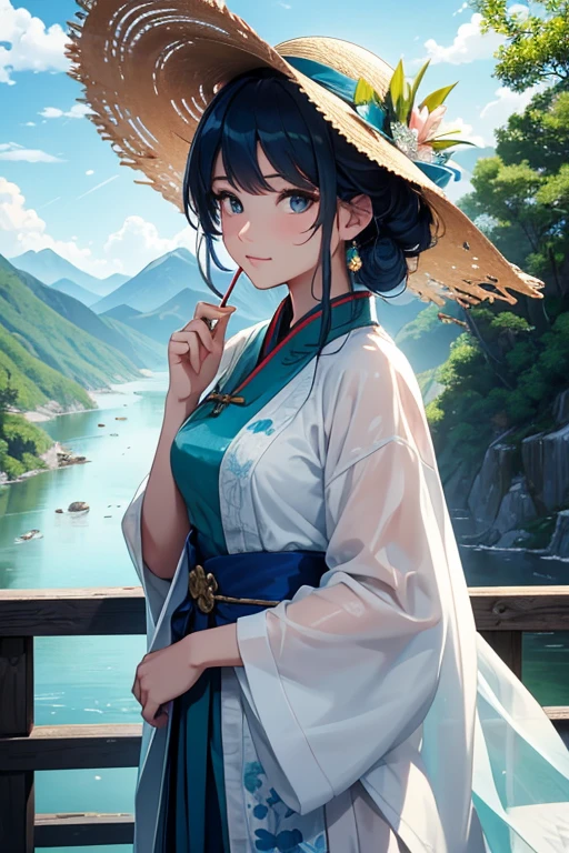 a girl standing on a bridge,clothed in traditional Chinese dress and a straw hat,looking at a beautiful river and mountains in the background,with vibrant colors and brush strokes like a Wu Guanzhong painting,warm sunlight casting a soft glow on the scene,exquisite details of the girl's face and clothes,best quality painting,ultra-detailed,realistic,hues of blue and green,soft lighting,white clouds drifting in the sky,masterpiece:1.2