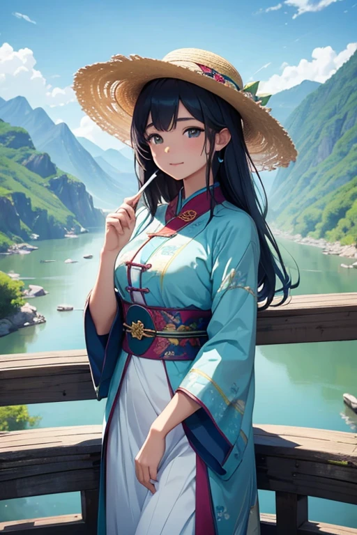 a girl standing on a bridge,clothed in traditional Chinese dress and a straw hat,looking at a beautiful river and mountains in the background,with vibrant colors and brush strokes like a Wu Guanzhong painting,warm sunlight casting a soft glow on the scene,exquisite details of the girl's face and clothes,best quality painting,ultra-detailed,realistic,hues of blue and green,soft lighting,white clouds drifting in the sky,masterpiece:1.2