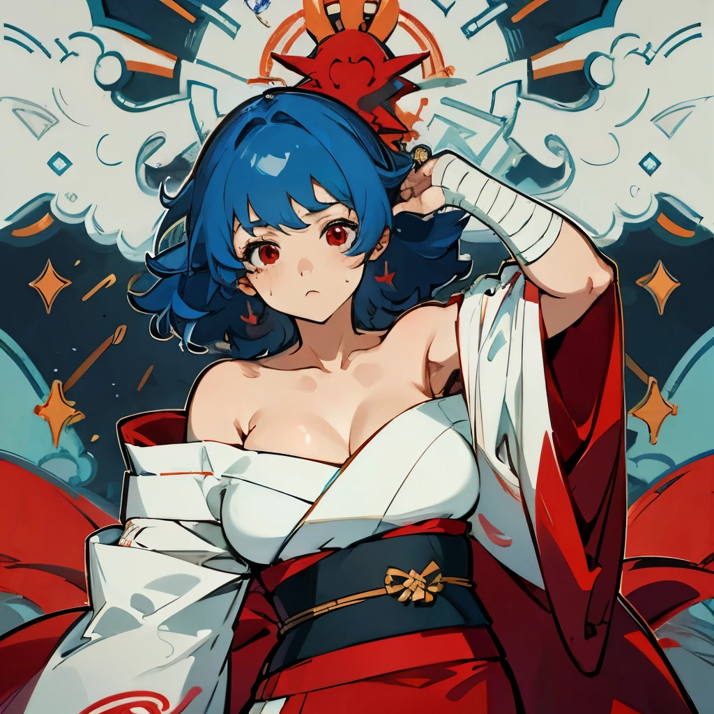 Blue hair, long bangs, brown skin. Curvy, kimono, off shoulder, armpits, sweaty. Red eyes, bandages, tattod