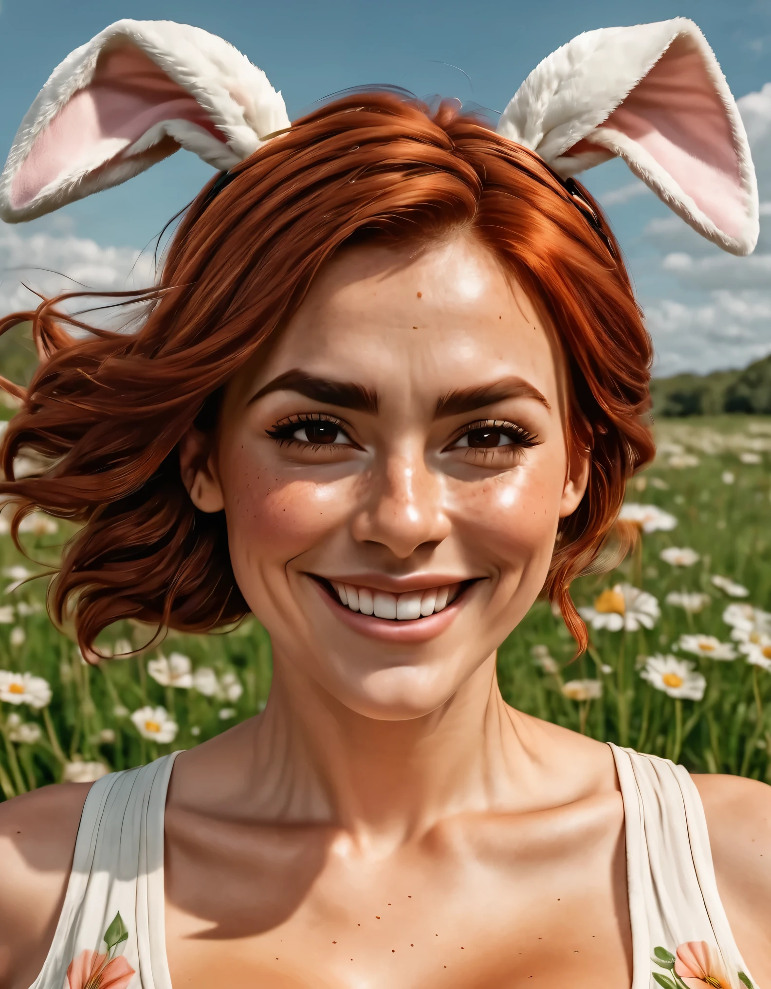 (photorealistic) a flower meadow, a woman with fake bunny ears is winking to the camera. she is wearing white tank top and green pleated skirt, a set of bunny ears. a beautiful 35-year- old british woman, (elevated camera angle), (dynamic pose), arms raised up, She has brownish-red hair, pale skin and ((freckles)). (black eyebrows), (strong eyebrows), (angular face), (hard face), (high cheekbones), (large eyes), (brown eyes), (natural skin texture), (downturned eyes:1.3). [smile], (voluptuous), (huge breasts: 0.8), sagging breasts. (highly detailed, intricate, best quality, 16K), (masterpiece), UHD
