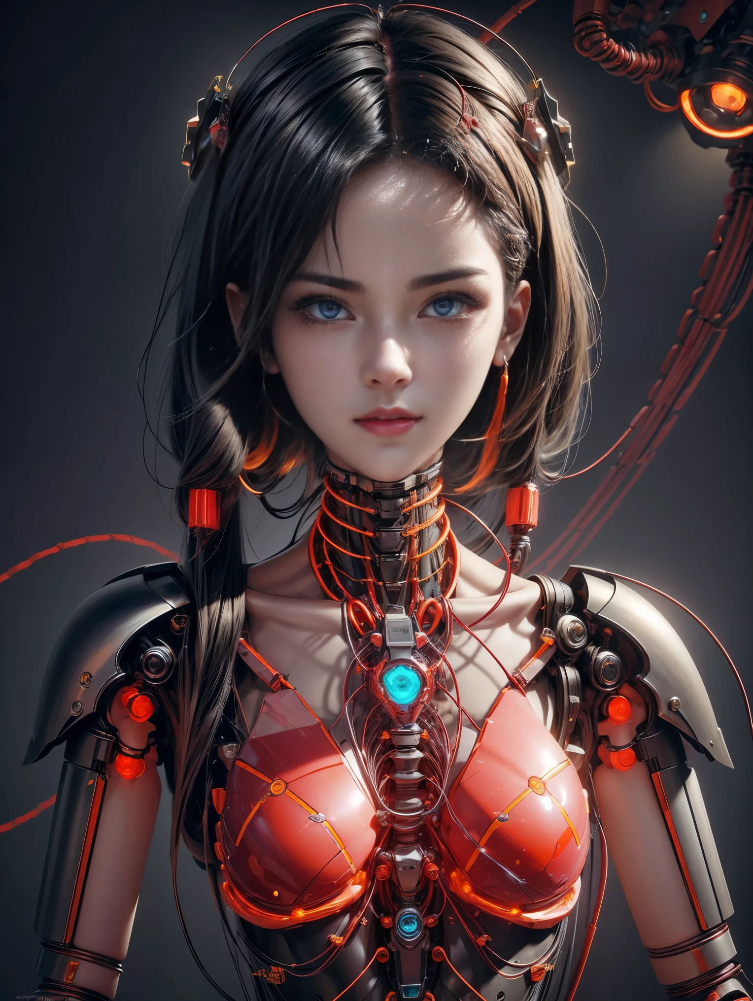 high quality，masterpiece，ultra high resolution，((1.4x more realism)，original photo，black hair，Glowing skin，1 mechanical girl，(hyperrealistic details)，global illumination，shadow，octane rendering，8K，Super sharp，Metal，intricate decorative details，egyptian details，very intricate details，realistic light，CGSoation trends，facing the camera，Neon details，mechanical limbs，The blood vessels that connect the tubes，Mechanical vertebrae attached to the back，Mechanical Cervical Neck Attachment，Wires and cables to the head，Neon Genesis Evangelion，Small glowing LED lamp