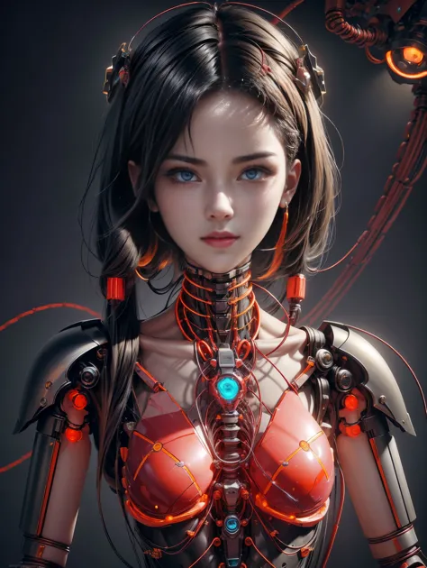 high quality，masterpiece，ultra high resolution，((1.4x more realism)，original photo，black hair，glowing skin，1 mechanical girl，(hy...