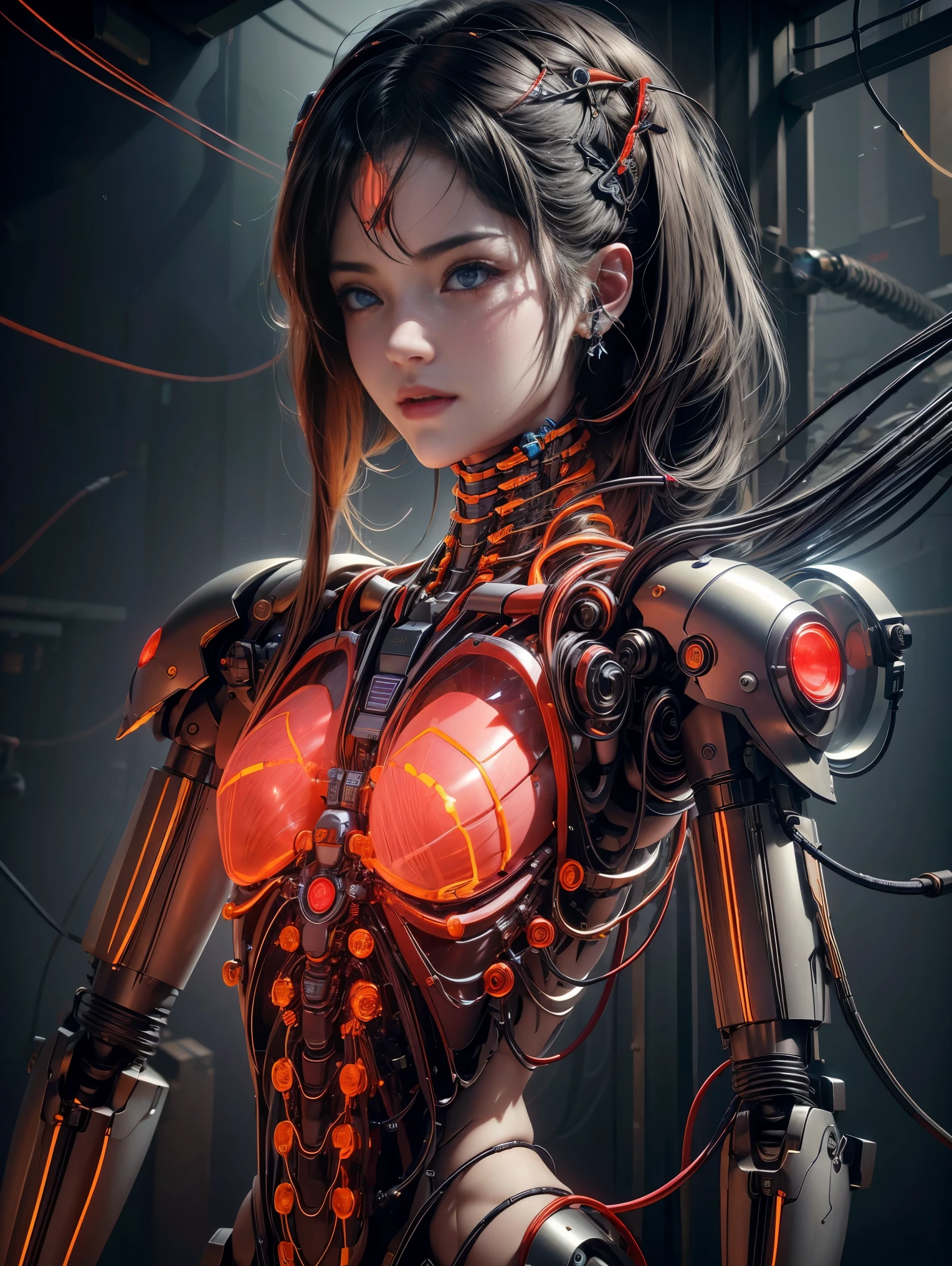 high quality，masterpiece，ultra high resolution，((1.4x more realism)，original photo，black hair，Glowing skin，1 mechanical girl，(hyperrealistic details)，global illumination，shadow，octane rendering，8K，Super sharp，Metal，intricate decorative details，egyptian details，very intricate details，realistic light，CGSoation trends，facing the camera，Neon details，mechanical limbs，The blood vessels that connect the tubes，Mechanical vertebrae attached to the back，Mechanical Cervical Neck Attachment，Wires and cables to the head，Neon Genesis Evangelion，Small glowing LED lamp