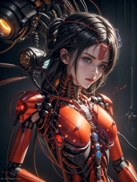 high quality，masterpiece，ultra high resolution，((1.4x more realism)，original photo，black hair，glowing skin，1 mechanical girl，(hy...