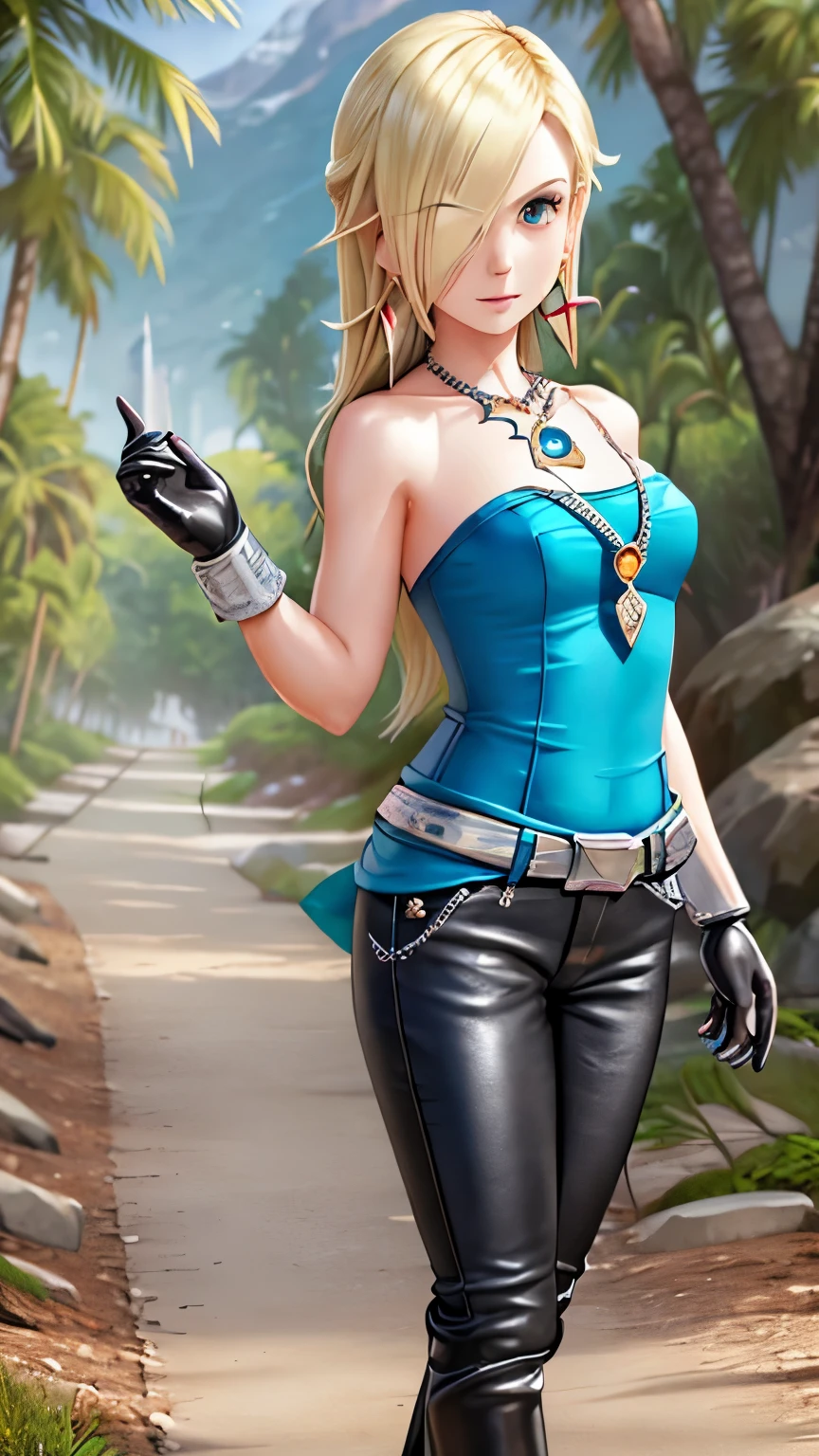 Steppiece, Best Quality, Ultra-detailed, Absurd, Portrait of cute android18DB, Realistic face, Solo, earrings, Jewelry, , brave, Eyeshadow closed, the beach, gloves, Necklace, Rock, Standing, fighting position, Volumetric lighting, Best Quality, masutepiece, Intricate details, tonemapping, Sharp Focus, Hyper Detailed　short pants　sleeveless