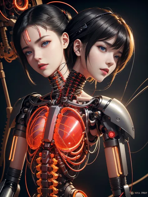 high quality，masterpiece，ultra high resolution，((1.4x more realism)，original photo，black hair，glowing skin，1 mechanical girl，(hy...