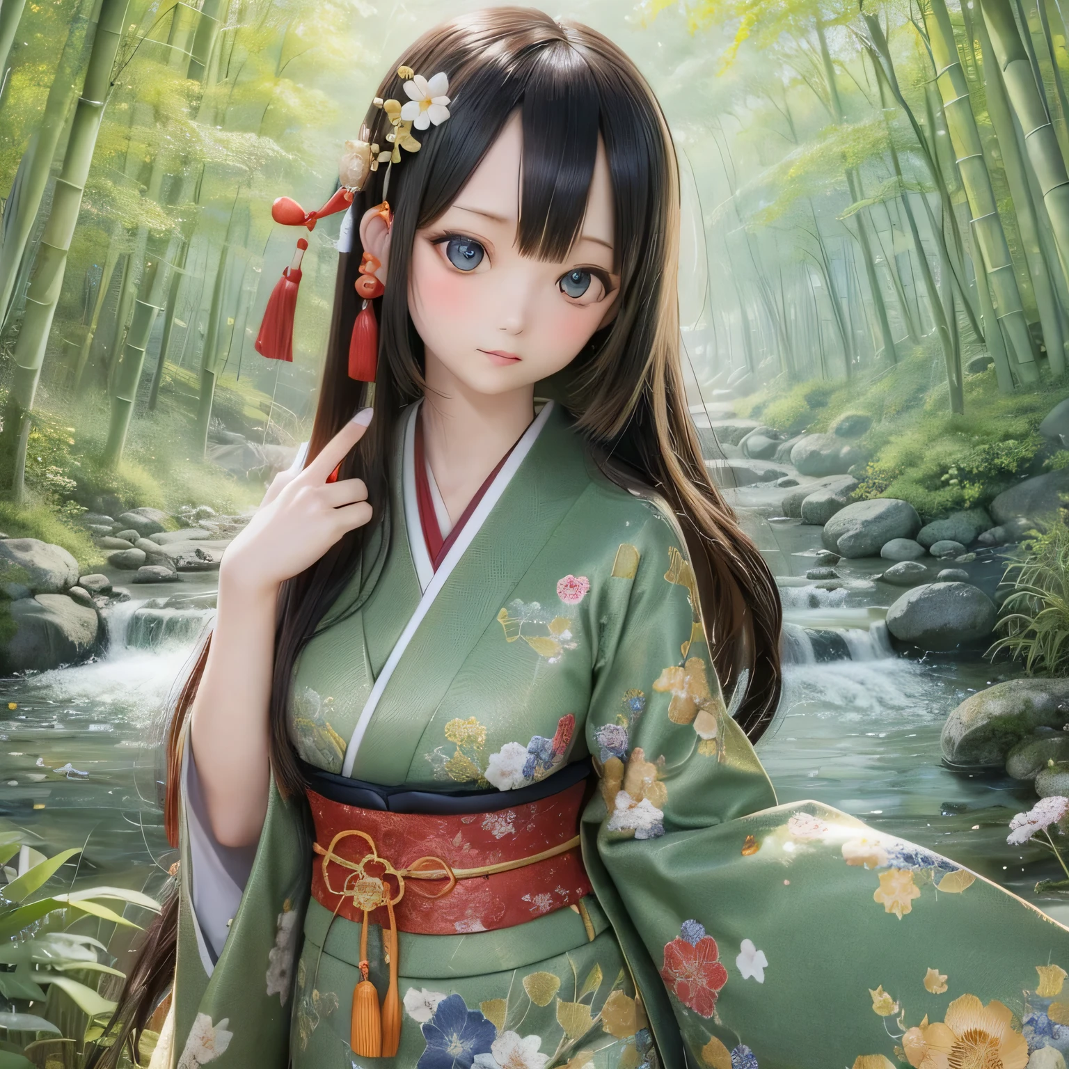 (High resolution, realistic:1.2),(detailed and beautiful eyes,dense and beautiful lips,highly detailed eyes and face,long eyelashes),(rural scenery,calm atmosphere),(Shiba Inu girl:1.1),(soft lighting),(oil painting style),(Lush green fields,Quiet river),(traditional japanese house),(flowing traditional kimono),(colorful flowers),(birds flying in the sky),(bamboo forest),(sunlight filtering through the trees)(((Cherry tree in full bloom)))(((((Hold a Japanese sword))))))(((Sword without sheath)))