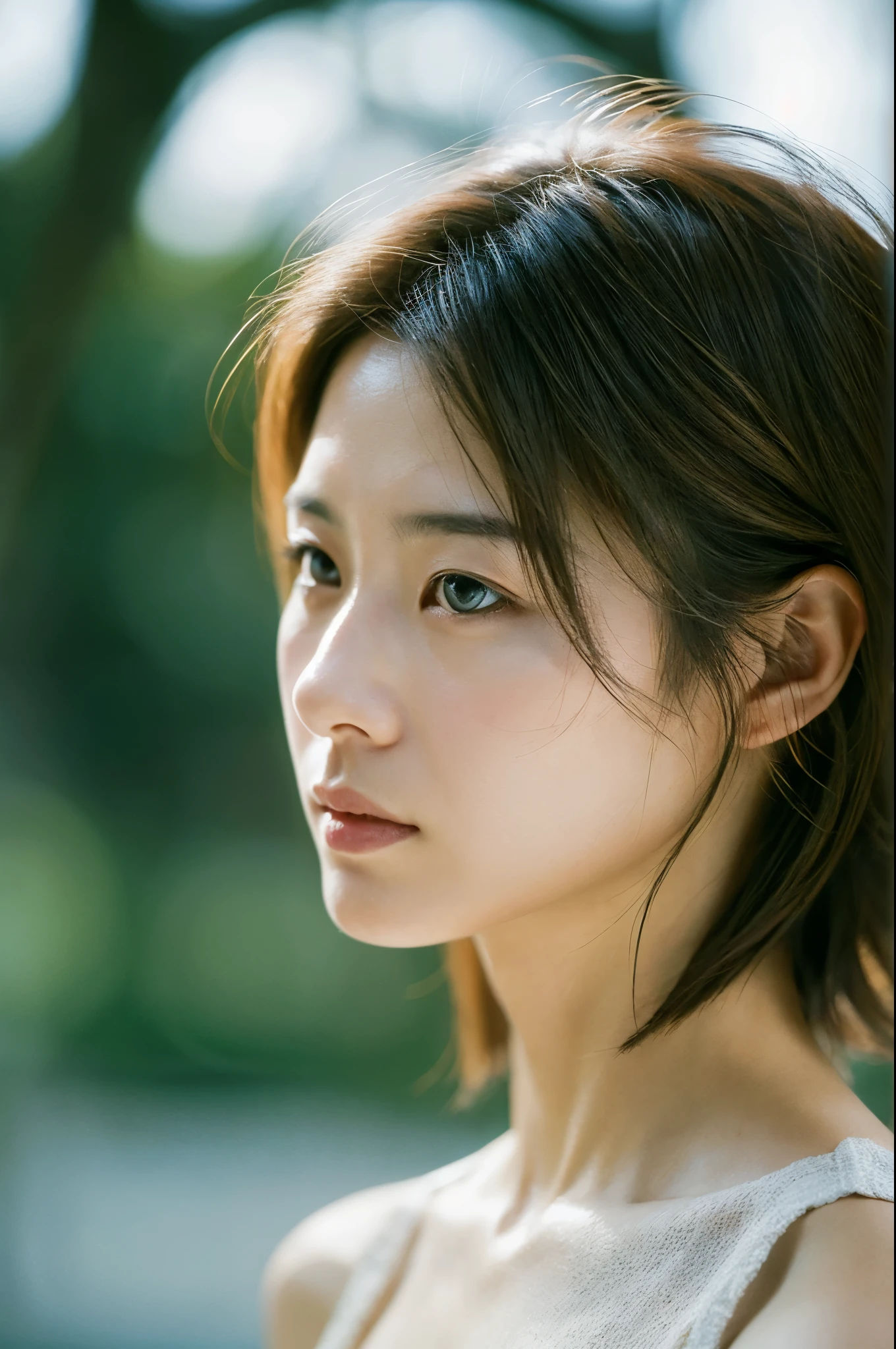 movie, film portrait photography, Hosomi Japanese woman, 30 years old, bare shoulders, wavy shoulder-length hair, calm, Calm, (realistic detailed eyes, natural skin texture, realistic facial details), soft and dramatic lighting, Depth of bounds written, Bokeh, vivid details, in detail, surreal, 35mm film, hazy blur