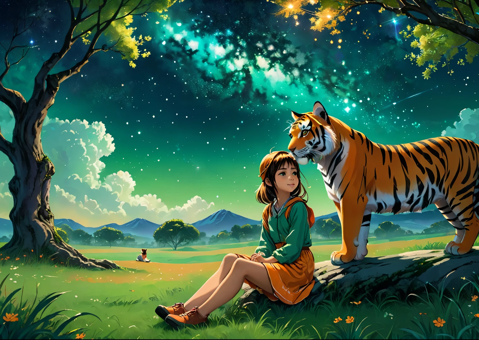 A cute  and a tiger sitting on a wide green meadow、A tiger and a girl are sitting side by side under a big tree、The girl is wearing cute clothes、I can see Orion constellation、evening、clouds shine orange、High color rendering、high detail