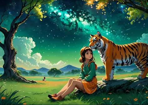 A cute  and a tiger sitting on a wide green meadow、A tiger and a girl are sitting side by side under a big tree、The girl is wear...
