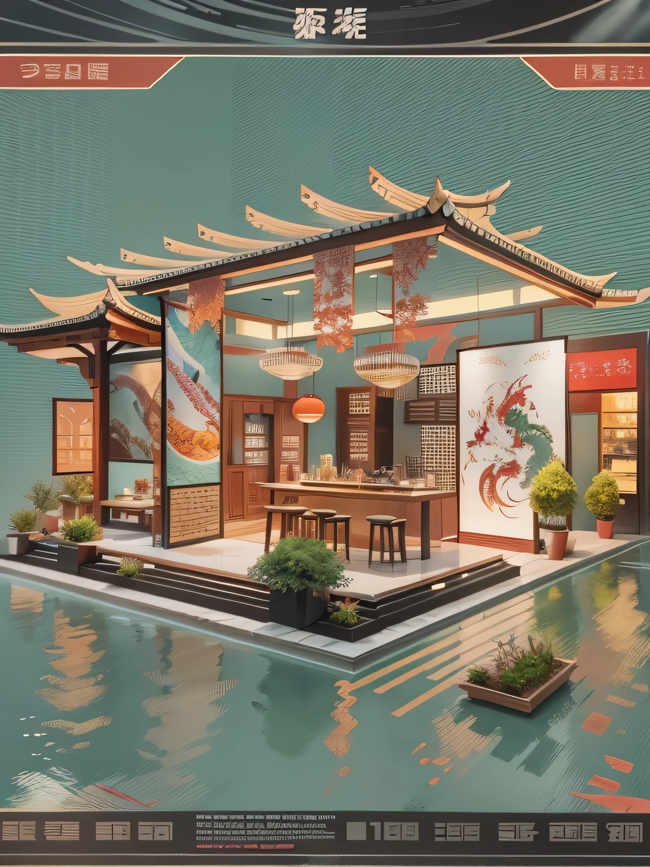 Food and Beverage Exhibition, Characteristics of the Year of the Dragon, Tang Dynasty Classical Style, 2024 trends, complete showroom, Renderings of the exhibition hall, rendering, precise booth renderings, Product booth, full view, Realistic booth
