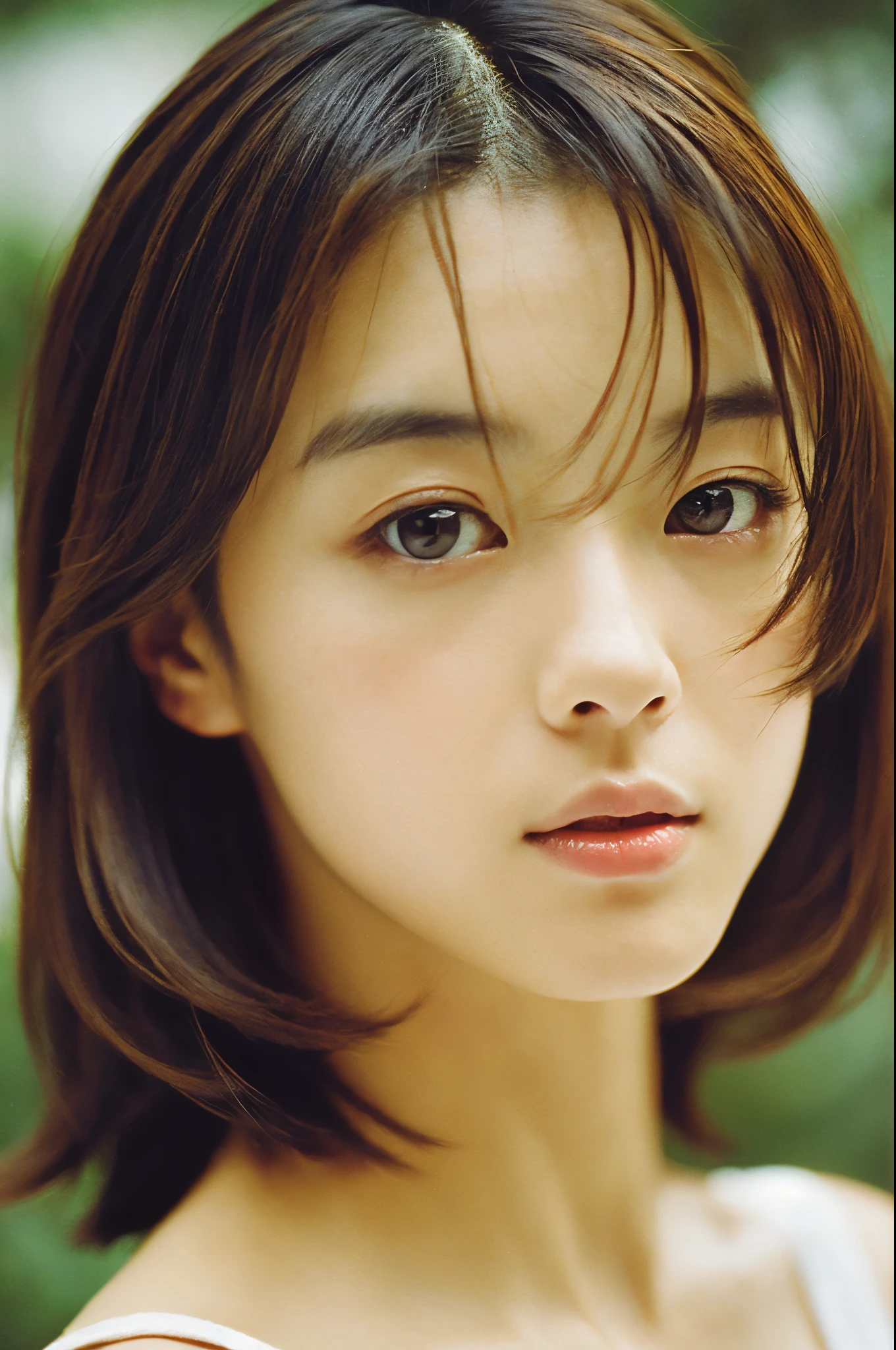 movie, film portrait photography, Skinny Japanese woman, 30 years old, bare shoulders, wavy shoulder-length hair, Calm, (realistic detailed eyes, natural skin texture, realistic facial details), soft and dramatic lighting, Depth of bounds written, Bokeh, vivid details, in detail, surreal, 35mm film, hazy blur