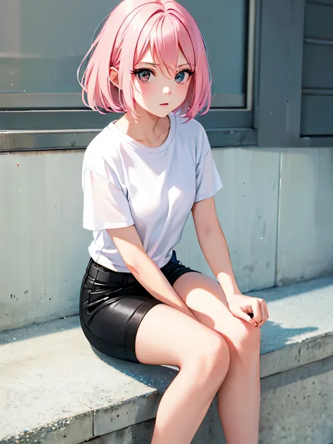 1 girl,Pink hair,Sitting,Shocked expression,Middle parted hair, short hair,white t-shirt,white t-shirt,black shorts ,at the north pole,blizzard