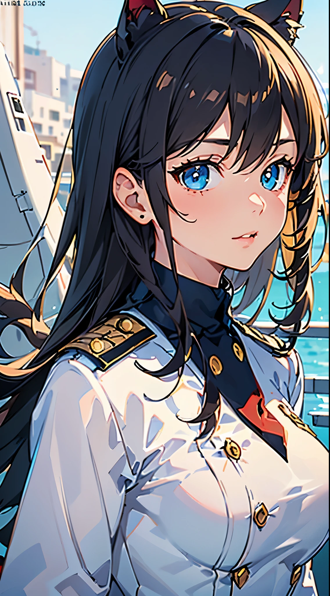 (masterpiece, best quality, RAW photo, intricate details) portrait, headshot, 1girl / Atago / medium dark hair, blues eyes, cat ears, ((wearing white admirals uniform:1.5)), seaport background, blue sky, Azur lane, catgirl,