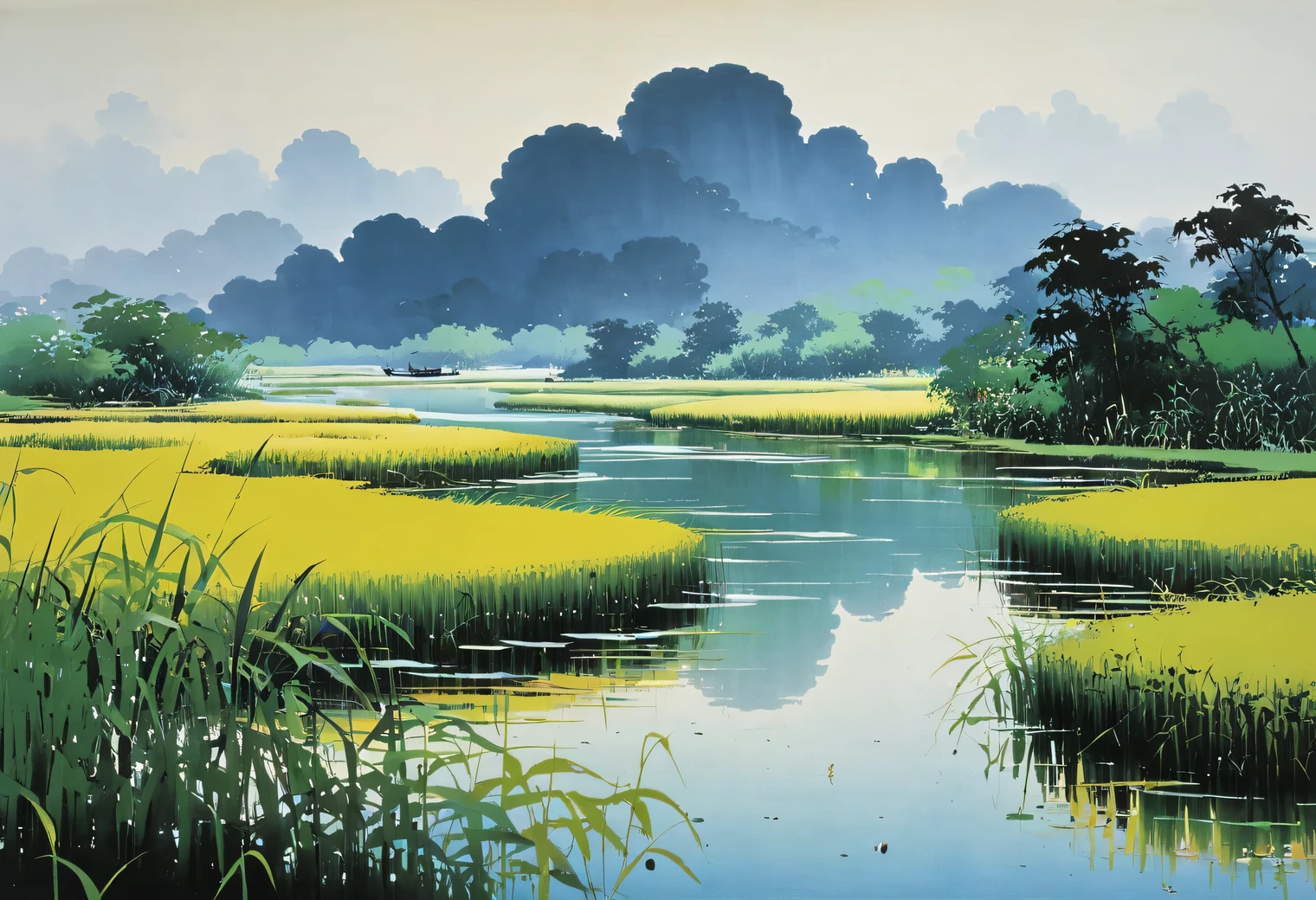 Wu Guanzhong paints a picture, in the picture there is a quiet creek with thickets of reeds and sedges, summer day in the river backwater, full compliance with the style of Wu Guanzhong