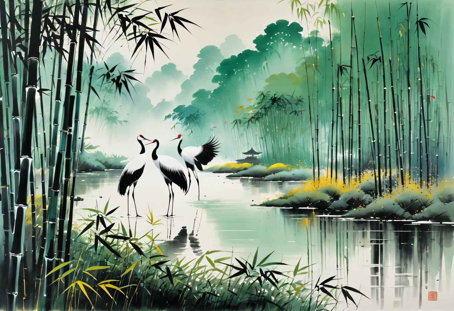 Wu Guanzhong paints a picture, the painting depicts a crane, dancing in the bamboo thickets, full compliance with the style of Wu Guanzhong, combining traditional Chinese ink painting techniques with Western painting concepts, unique visual effects using color and lines.
