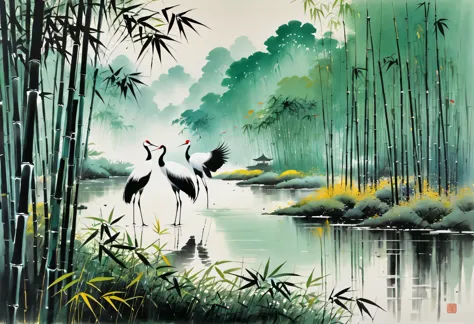 Wu Guanzhong paints a picture, the painting depicts a crane, dancing in the bamboo thickets, full compliance with the style of W...