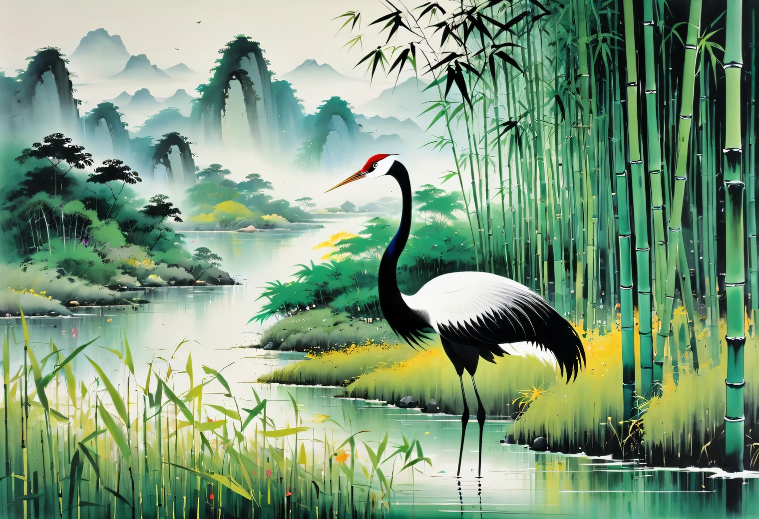 Wu Guanzhong paints a picture, the painting depicts a crane, dancing in the bamboo thickets, full compliance with the style of Wu Guanzhong, combining traditional Chinese ink painting techniques with Western painting concepts, unique visual effects using color and lines.