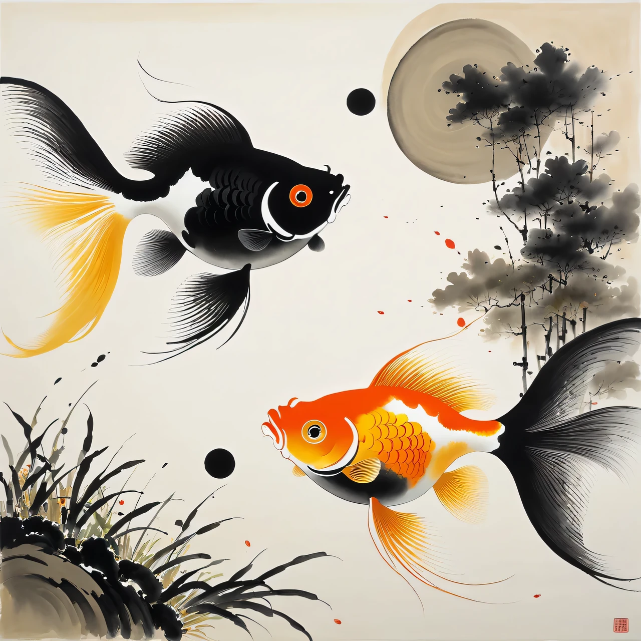 อู๋ กวนจง วาดภาพ, ภาพวาดแสดงให้เห็นปลาทองสองตัวในสระน้ำโดยมีพื้นหลังเป็นสัญลักษณ์หยินและหยาง, สอดคล้องกับสไตล์ของ Wu Guanzhong อย่างสมบูรณ์, การผสมผสานเทคนิคการวาดภาพด้วยหมึกจีนแบบดั้งเดิมเข้ากับแนวคิดการวาดภาพแบบตะวันตก, เอฟเฟ็กต์ภาพที่เป็นเอกลักษณ์โดยใช้สีและเส้น, จานสีสีดำและสีทอง