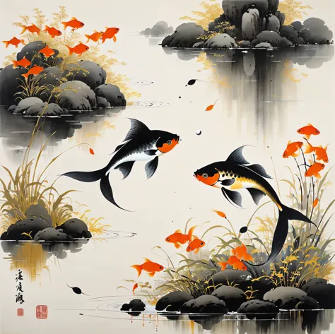 Wu Guanzhong paints a picture, the painting depicts two goldfish in a pond against the background of a yin and yang symbol, full compliance with the style of Wu Guanzhong, combining traditional Chinese ink painting techniques with Western painting concepts...