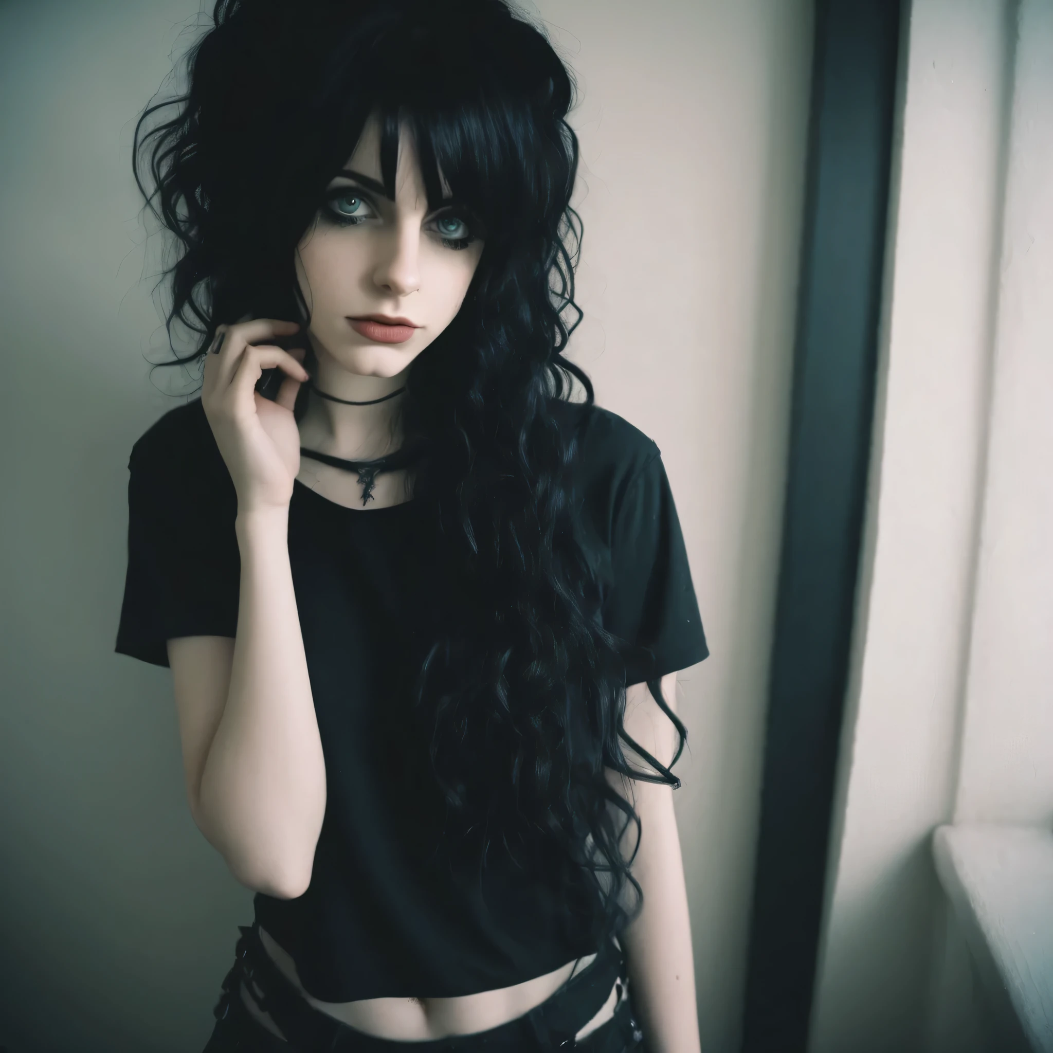 18 emo goth, perfect body, black wavy hair, ,Film Grain, FilmGrainAF -  SeaArt AI