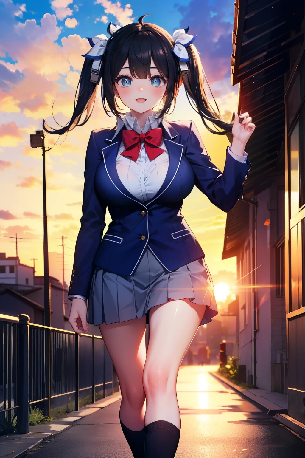 danmachihestia, hestia, blue eyes, black hair, twin tails, open your mouth, smile,blush,happy atmosphere,big breasts, y shirt,Blue Blazer,blue pleated skirt,white knee socks,brown loafers,evening,sunset,sunset,The sun is setting through the gap between the buildings,On the way home from school,walking,
break outdoors, city,In town,building street,
break looking at viewer,
break (masterpiece:1.2), highest quality, High resolution, unity 8k wallpaper, (figure:0.8), (detailed and beautiful eyes:1.6), highly detailed face, perfect lighting, Very detailed CG, (perfect hands, perfect anatomy),