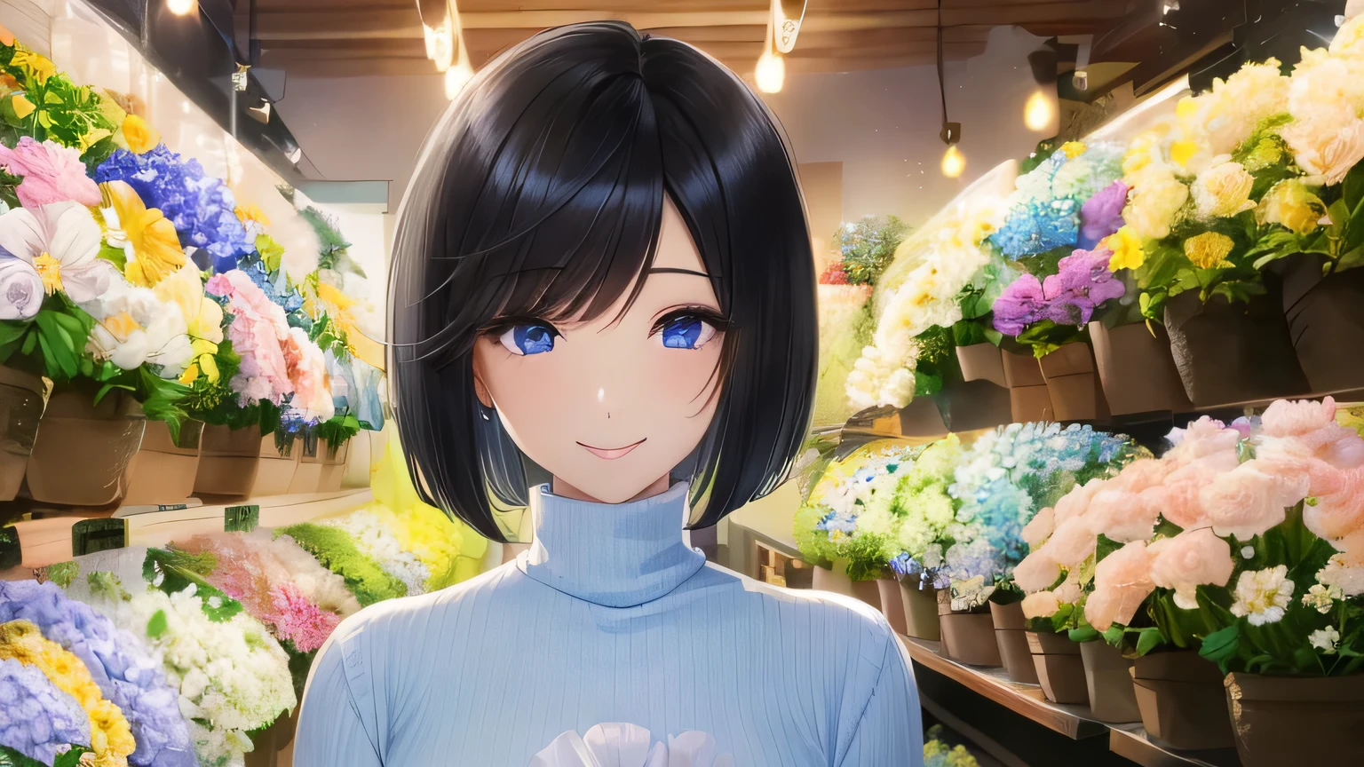 1 female、28 years old、美New髪, black hair、shortcut、bob cut、Rin々New、slanted eyes、eyeliner is clear、light blue eyes、long face、big smile、small bust、light blue long sleeve turtleneck、Looking at flowers at a flower shop