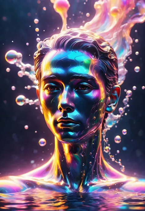 Portrait of colorful metal man emerging from water，neon gradient，vaporwave，（Laser colorful light waves），Metal refraction，many li...