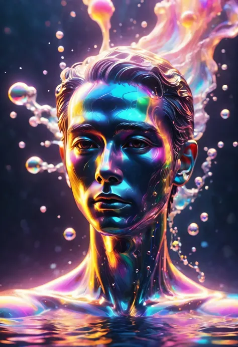 portrait of colorful metal man emerging from water，neon gradient，vaporwave，（laser colorful light waves），metal refraction，many li...