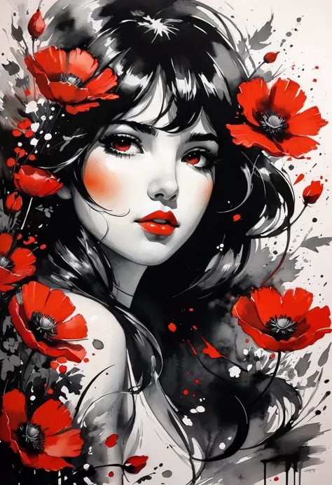 Beautiful ink drawing, top view. Beautiful Ink Painting, Top View, Painting of Woman Surrounded by Red Flowers, Trending on Arts...