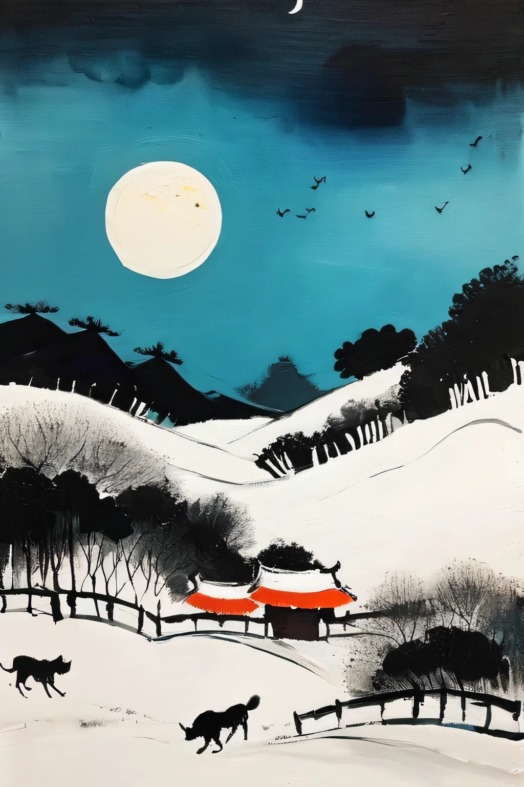 Wu Guan Zhongfeng Landscape Painting,moon and wolf,van gogh&#39;Impact of,モーリス・ユトリロImpact of,rich in emotion,abstract,Fusion of Chinese art and Western art,Simple and beautiful,Make white and black the main colors,ink painting elements,watercolor elements,Computed configuration,perfect composition,最高masterpiece,masterpiece,highest quality,bold touch,A picture that moves the viewer&#39;s heart,High rating,Awards