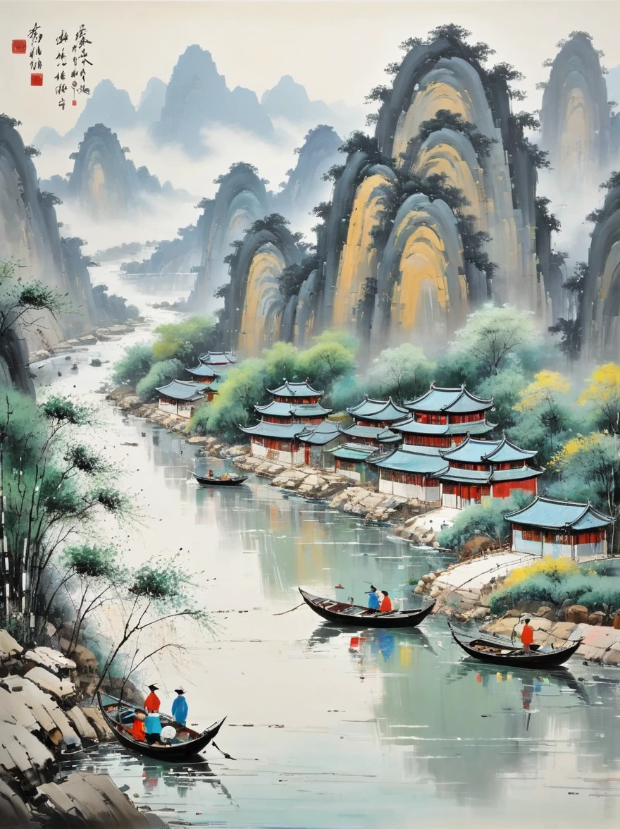 Wu Guanzhong style，Emerging young artists supported by Wu Guanzhong，Through the fusion of traditional and modern elements，By the river in the early morning，Several women are busy doing laundry，The picture is full of tranquility and life，The figures of the women look soft and peaceful in the morning light。The surrounding bamboo forests sway gently in the wind，the river is crystal clear。The entire scene is depicted vividly and in the artistic style of Wu Guanzhong，That is, using the techniques of Chinese ink painting combined with modern composition and color，Showing a unique modern Chinese aesthetic