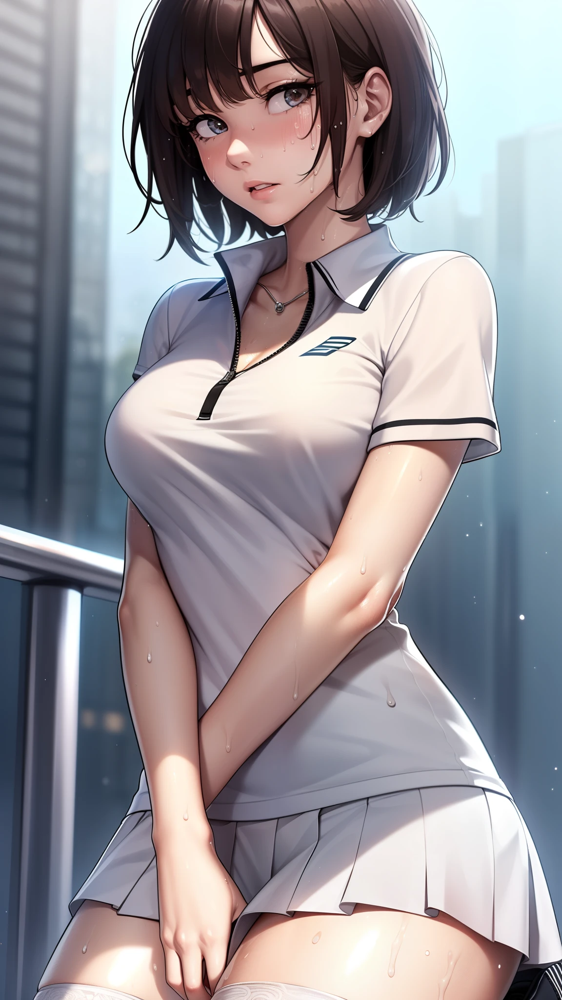 1girl, solo, white polo shirt, white sneakers, tennis wear, white miniskirt, masterpiece, best quality, realistic, hyper-detailed, (shiny skin, sweaty:1.4), absurd, looking at viewer, short black hair, brown eyes, slender, dynamic lighting, high resolution...