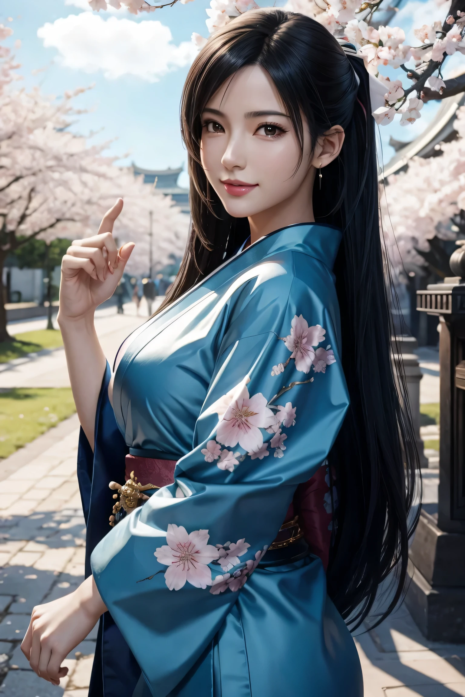 la meilleure chose,Tifa,Tifa･verrouiller le coeur,fantaisie finale 7,Magnifique kimono blanc et bleu de FF7,Kimono parfaitement ajusté,Réaliste,Super Haute qualité,Haute qualité,chef-d&#39;œuvre,reflex numérique à objectif unique,Détails détaillés,détails exquis,basé sur une base anatomique,Représenté en détail,Visage détaillé,Réaliste skin texture,détails vifs,Anatomie parfaite,Anatomie parfaite,Main anatomiquement correcte,doigts anatomiquement corrects,Super détaillé,Rendu 3D complexe pose sexy,beau cerisier,Le soleil du matin est magnifique,Ciel bleu incroyable,la beauté comme une peinture,lèvre rose,sourire,