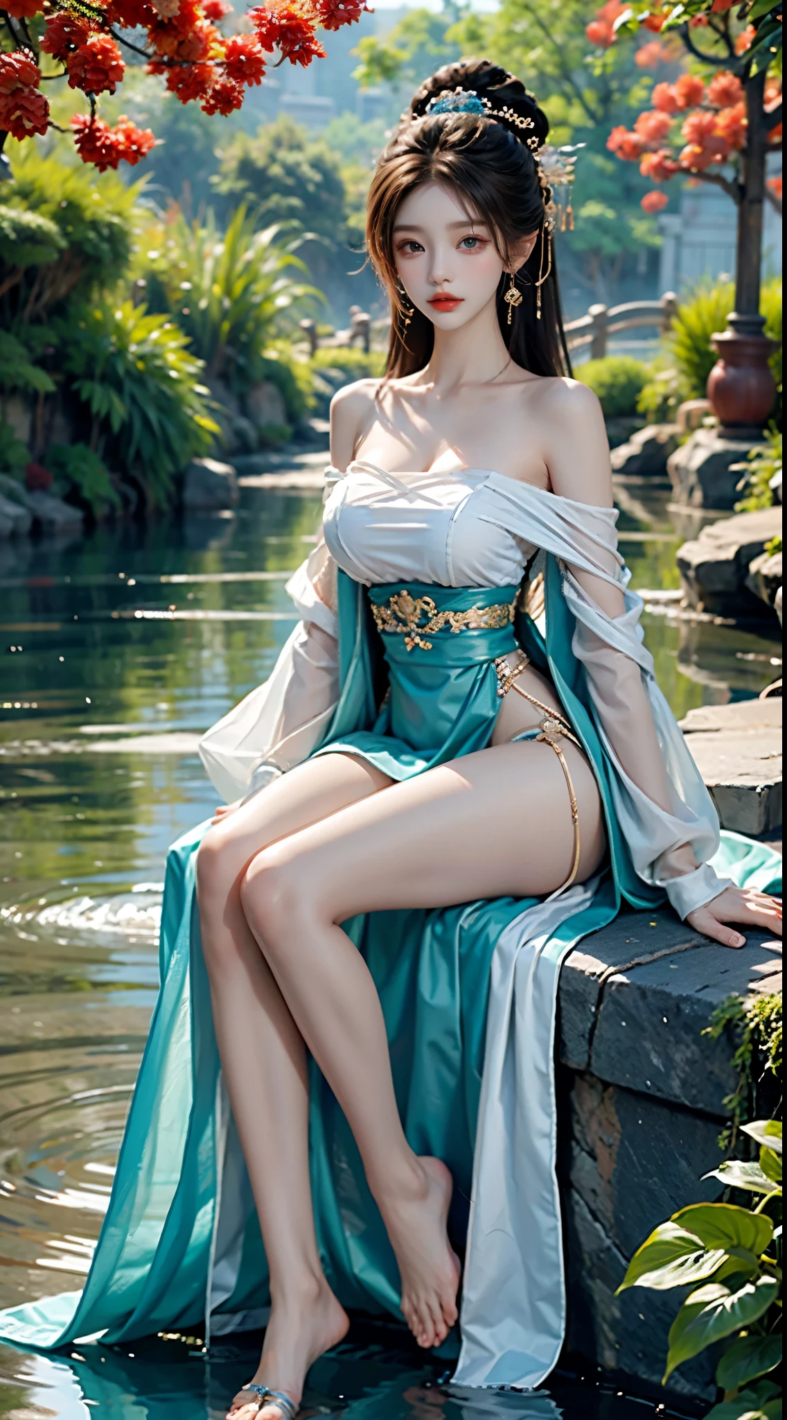 gufeng,bare shoulderasterpiece, best quality:1.2), 1girl, 独奏, ((bare shoulders)), night，Moonlight，((full body)), ((from below)), ((Play in the river，sitting position, sit on rock)), shiny, sweet girl, figure of heroine，Slender sexy legs，very beautiful legs，Leaking sexy legs，Big breasts，beauty, mystery。Beautiful face，Otherworldly beauty。The bridge of the nose is straight，Lip color like cherry，Confident and calm。face chiseled，Skin as fair as jade，Makeup is light and delicate，Show her temperament and charm。Light foundation, Transparency of skin，perfect eyebrow shape，eye makeup,eye shadow,Eyeliner，Eyes are brighter and more energetic。Put on grace lipstick，Charm and sophistication。Clothes grace chic，Clothes flutter，Blown up by the wind，drifting into the distance。grace，Swinging action。Hair tied haphazardly behind the head，Secure it with a hosta，Strands of hair flutter gently in the wind，A beautiful landscape，Attract attention。beauty、grace、mystery