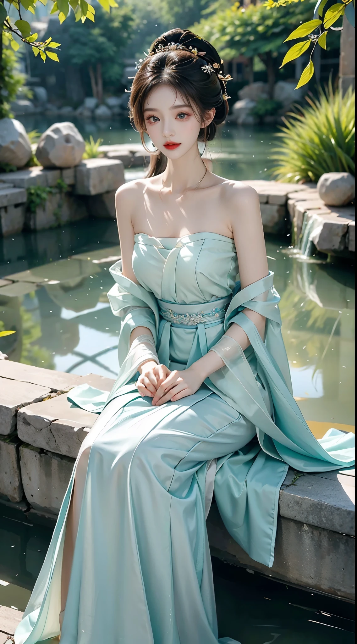 Hanfu-song, Hanfu, song theme, headband, Tube top, 1girl, 独奏, ((bare shoulders)), night，Moonlight，((full body)), ((from below)), ((Play in the river，sitting position, sit on rock)), shiny, sweet girl, figure of heroine，Slender sexy legs，very beautiful legs，Leaking sexy legs，Big breasts，beauty, mystery。Beautiful face，Otherworldly beauty。The bridge of the nose is straight，Lip color like cherry，Confident and calm。face chiseled，Skin as fair as jade，Makeup is light and delicate，Show her temperament and charm。Light foundation, Transparency of skin，perfect eyebrow shape，eye makeup,eye shadow,Eyeliner，Eyes are brighter and more energetic。Put on grace lipstick，Charm and sophistication。Clothes grace chic，Clothes flutter，Blown up by the wind，drifting into the distance。grace，Swinging action。Hair tied haphazardly behind the head，Secure it with a hosta，Strands of hair flutter gently in the wind，A beautiful landscape，Attract attention。beauty、grace、mystery