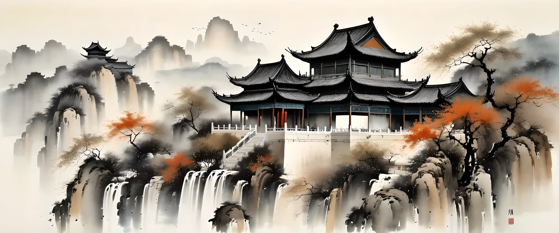 精湛的水墨艺术, 实际的, 细致的中国建筑, Wu Guanzhong style, 褪色的颜色

