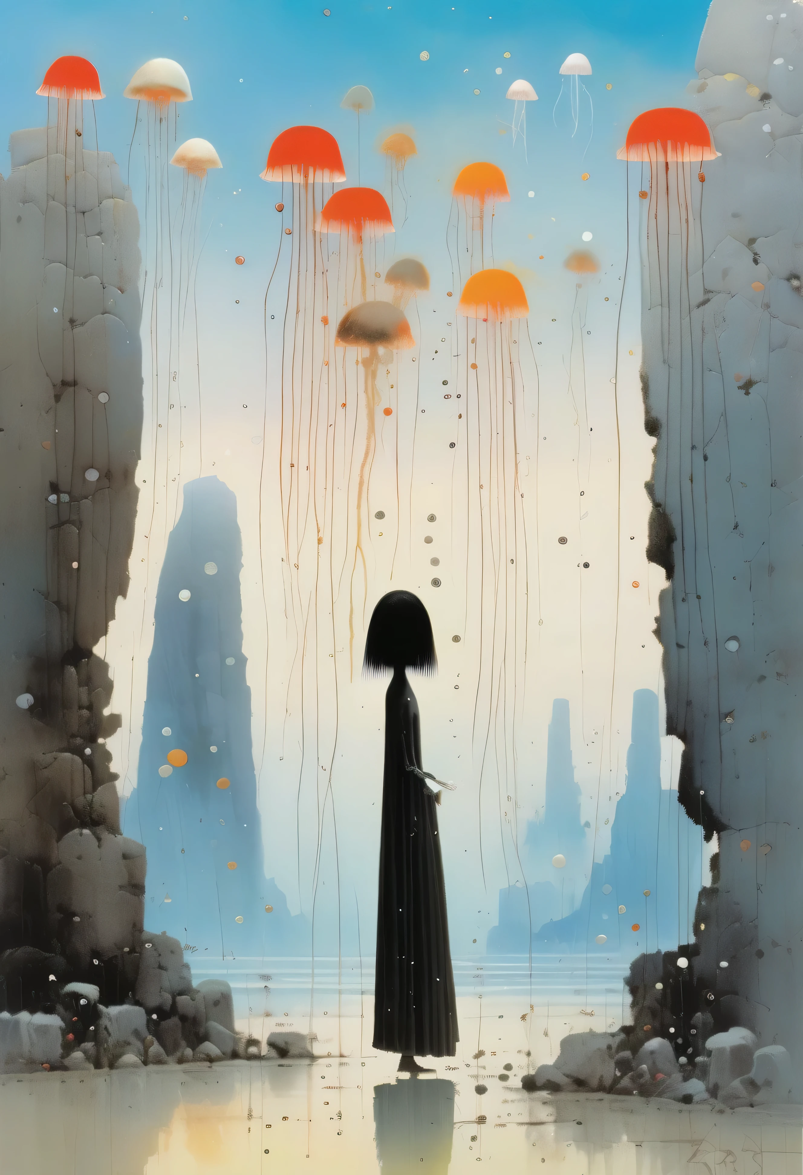 Wu Guanzhong Style painting of a woman without a face made out of stone with a light in her hand and jellyfish in the background, with a sky background, Art of Brom, magic the gathering artwork, an ultrafine detailed painting, fantasy art surreal beksinkski